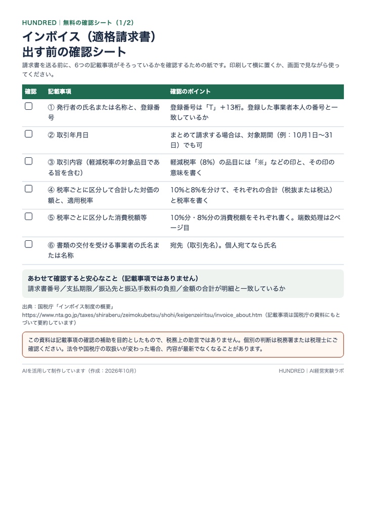 【無料】インボイス 請求書を出す前の確認シート(PDF・A4 2枚)