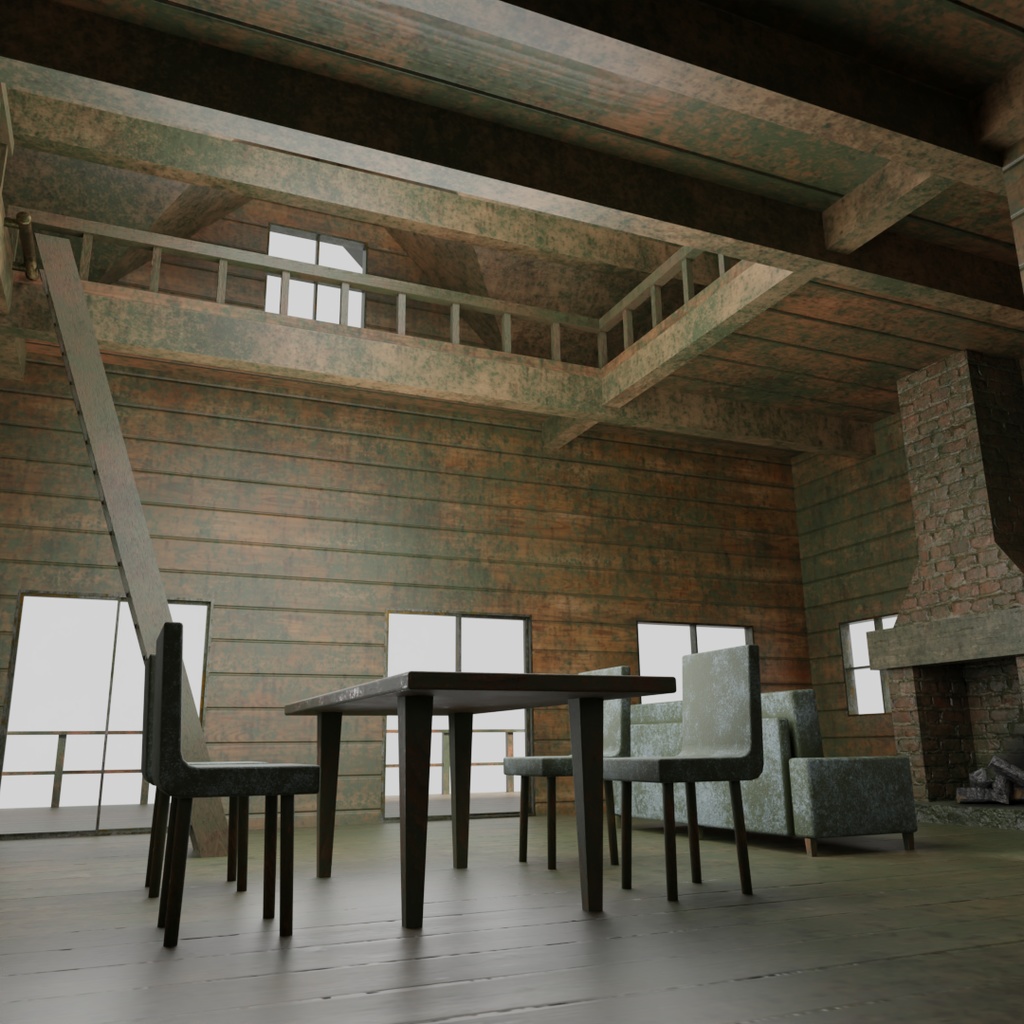 【ワールド】灯りが消えたログハウス【建物・家具セット】