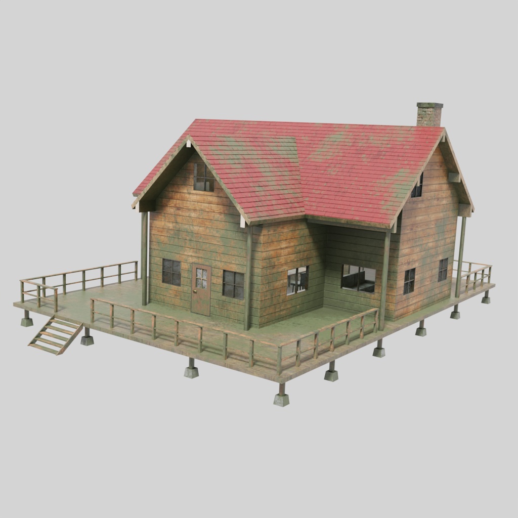 【ワールド】灯りが消えたログハウス【建物・家具セット】