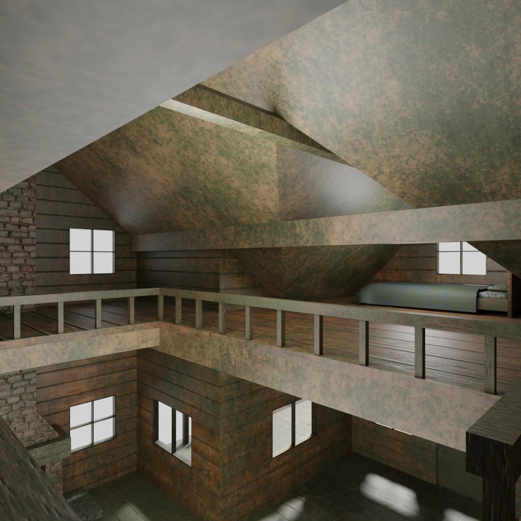 【ワールド】灯りが消えたログハウス【建物・家具セット】