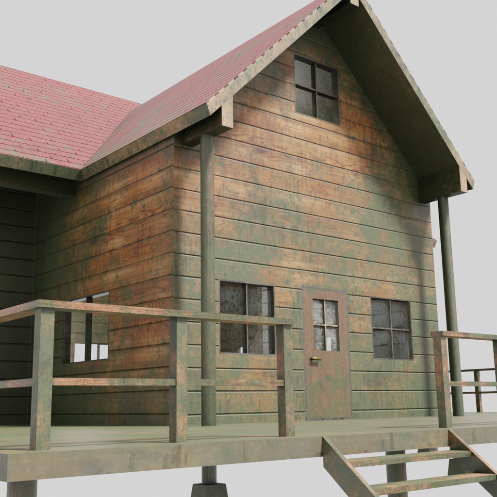 【ワールド】灯りが消えたログハウス【建物・家具セット】