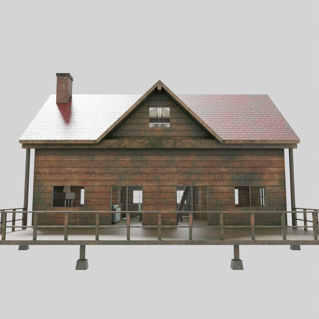 【ワールド】灯りが消えたログハウス【建物・家具セット】