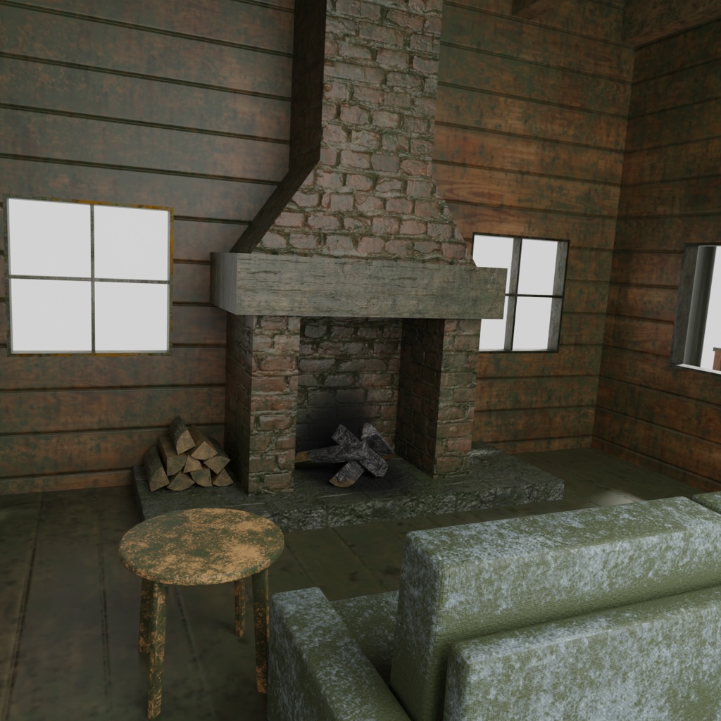 【ワールド】灯りが消えたログハウス【建物・家具セット】