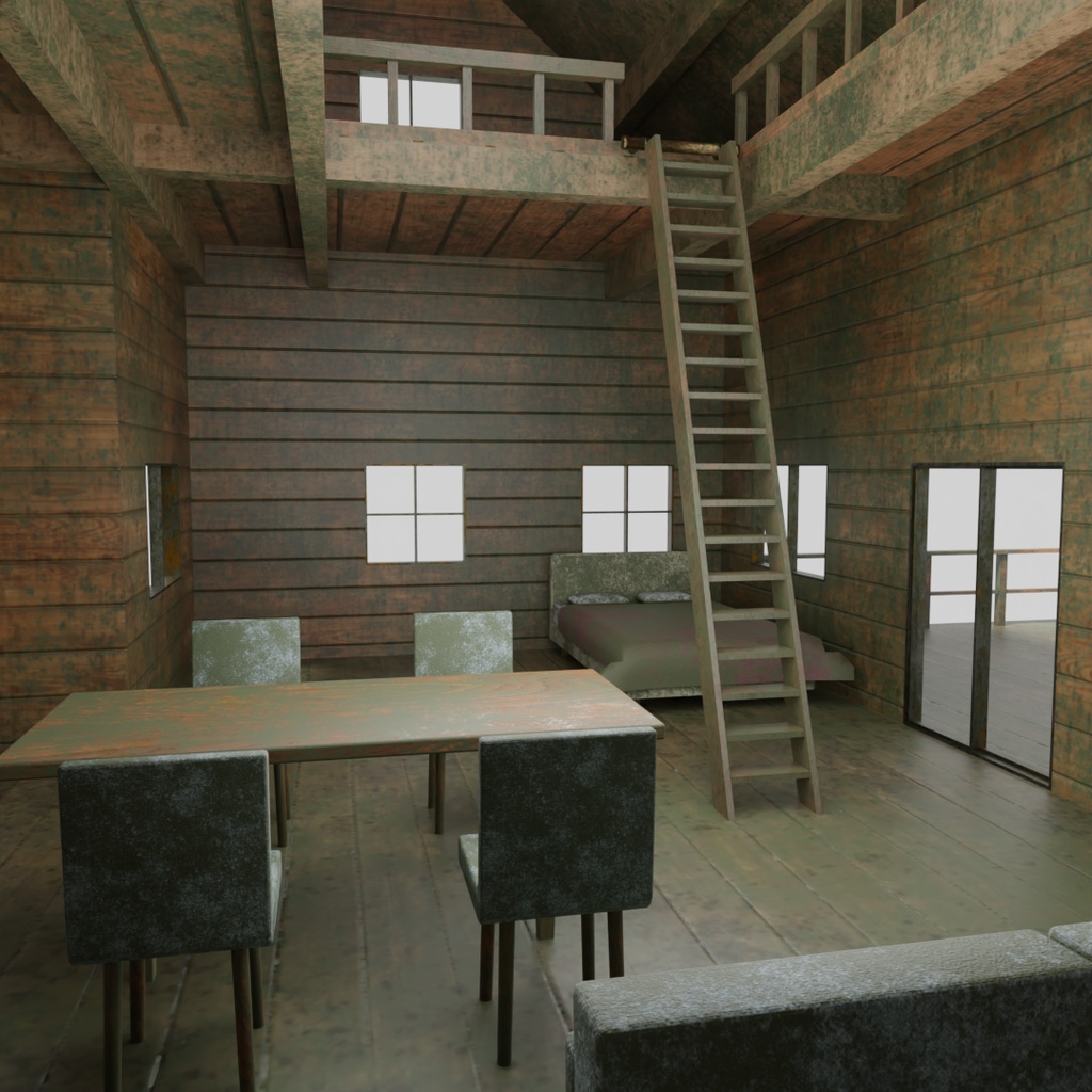 【ワールド】灯りが消えたログハウス【建物・家具セット】