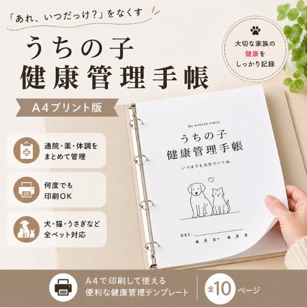 ペット健康管理手帳｜通院記録・病歴をまとめて残せるA4テンプレート（犬・猫対応）