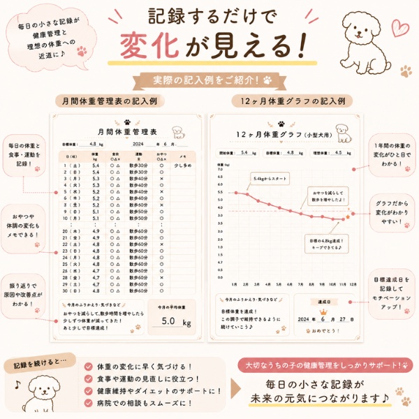 【PDF】うちの子の体重管理ノート|体重・食事・運動をまとめて記録|小型犬・中型犬・大型犬対応