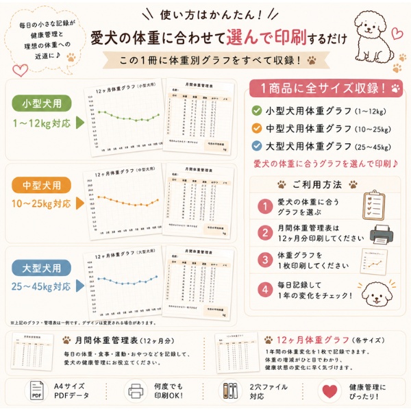 【PDF】うちの子の体重管理ノート|体重・食事・運動をまとめて記録|小型犬・中型犬・大型犬対応