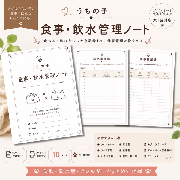 【犬・猫対応】うちの子食事・飲水管理ノート|飲水量・食事量・食欲・アレルギー記録|PDFダウンロード