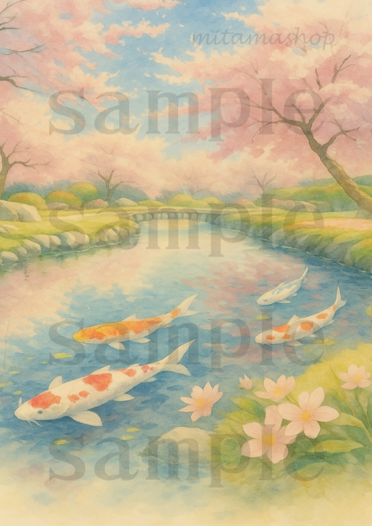 桜と鯉の静かな庭 – A Garden of Calm スマホ壁紙&高解像度アートセット
