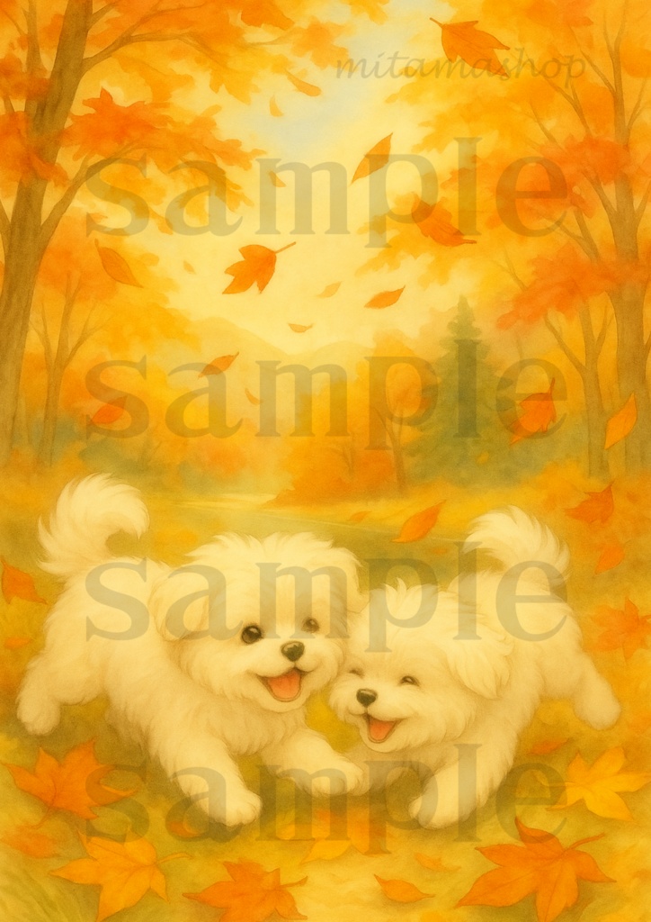 秋の散歩道とマルチーズたち – Autumn Companions スマホ壁紙&高解像度アートセット