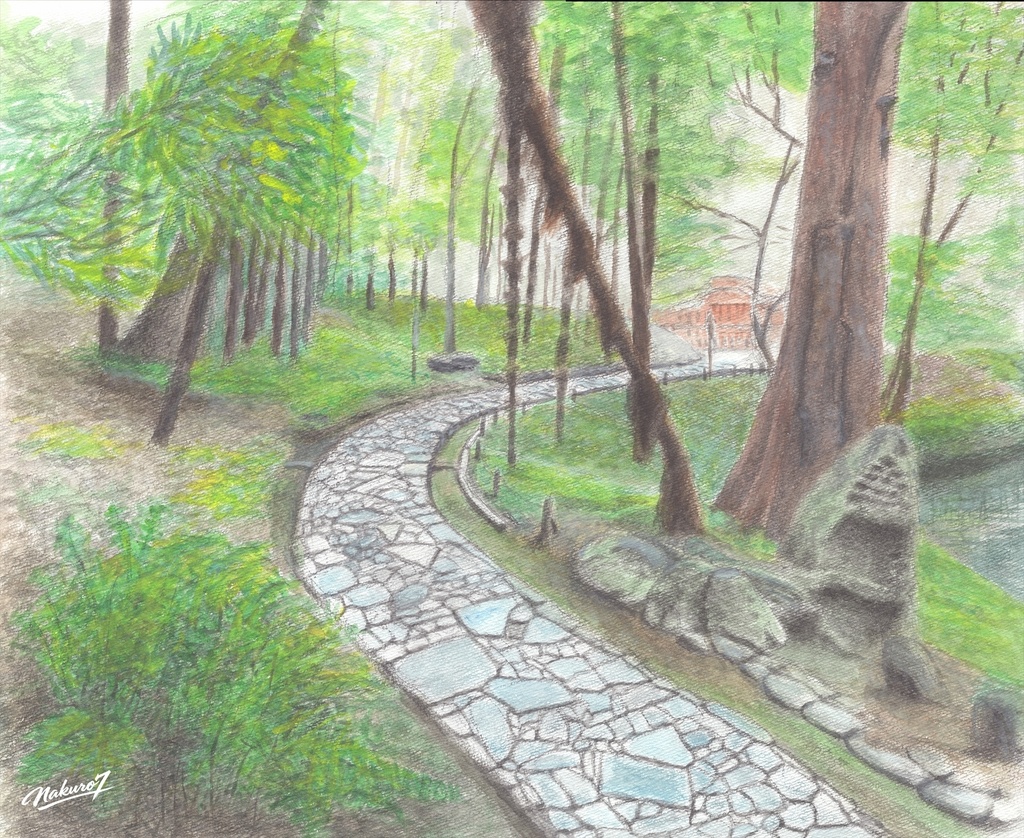 小石川後楽園「延段」第二場面を描く水彩画112作目｜唐門へ続く石畳の風景【高解像度版】