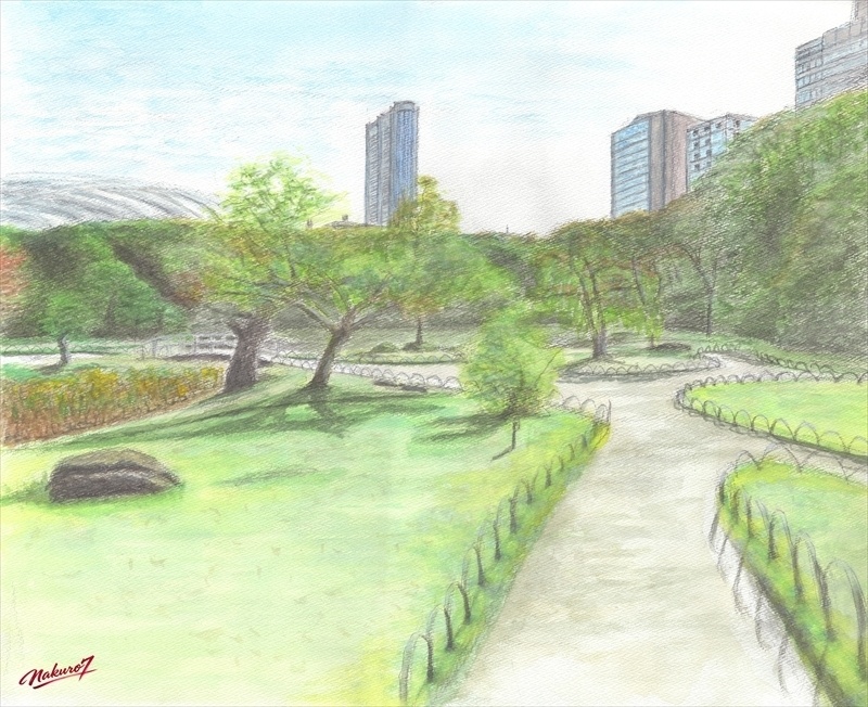 秋彩の蓮池、小石川後楽園にて