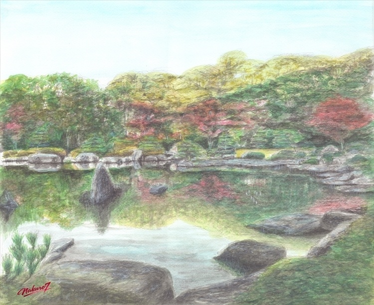 大濠公園 日本庭園 水彩画｜静寂と水面を描く和風アート（作品57）