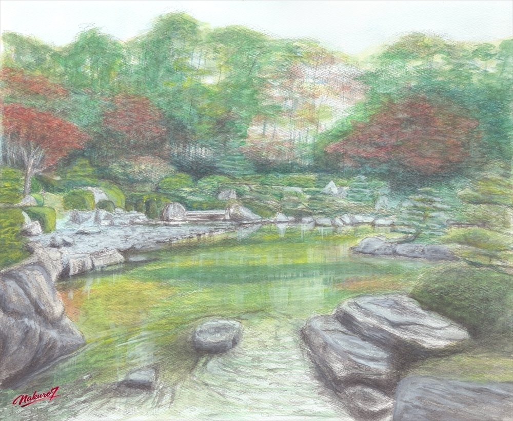 大濠公園 日本庭園Ⅱ｜水と石が織りなす静寂の風景【水彩画58作目・高解像度デジタル作品】
