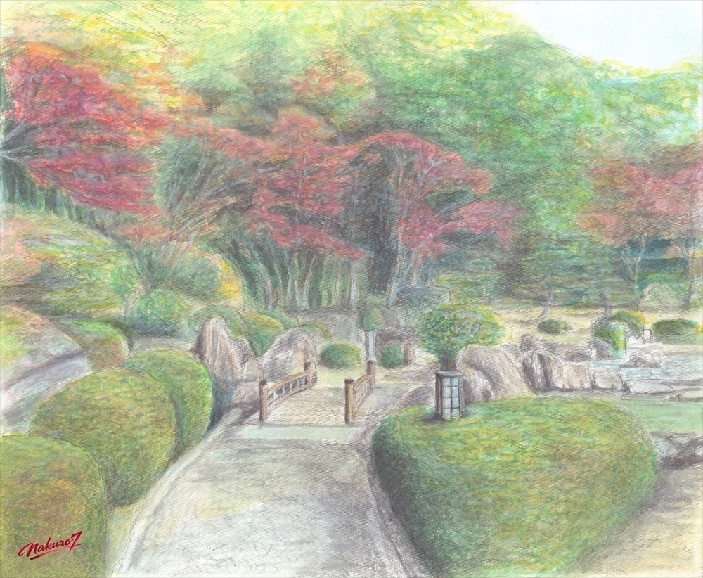 大濠公園 日本庭園Ⅲ｜石橋の向こうに広がる静寂の風景【水彩画59作目・高解像度デジタル作品】