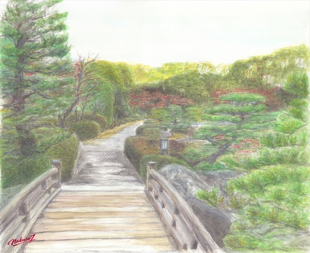 大濠公園 日本庭園Ⅳ｜橋を渡る静寂の風景【水彩画60作目・高解像度デジタル作品】
