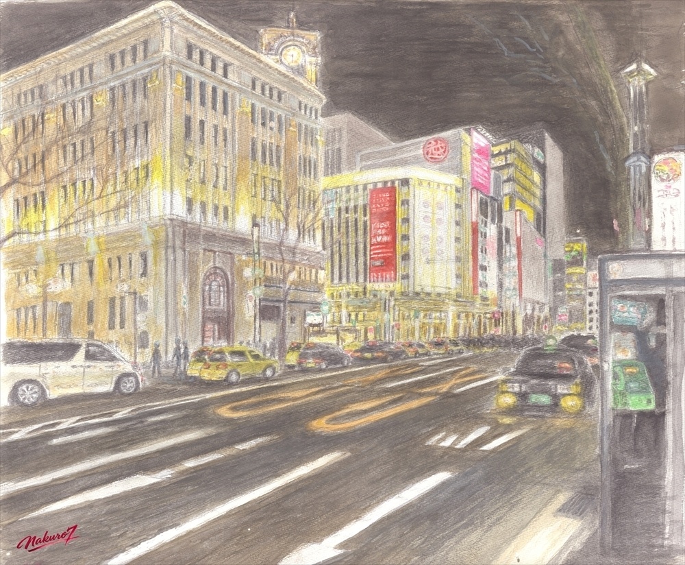 銀座4丁目夜の風景｜和光時計台と東京夜景を描いた水彩画【水彩画61作目・高解像度デジタル作品】
