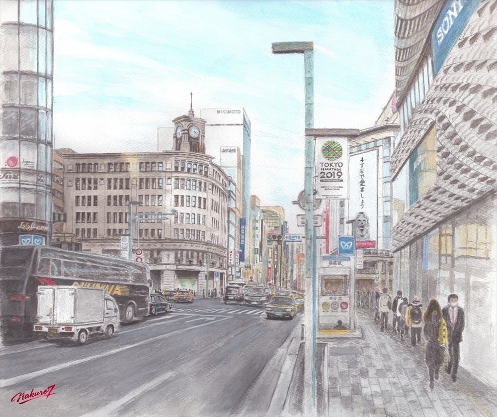 銀座4丁目風景｜東京を代表する街並みを描いた水彩画37作目【高解像度デジタル作品】