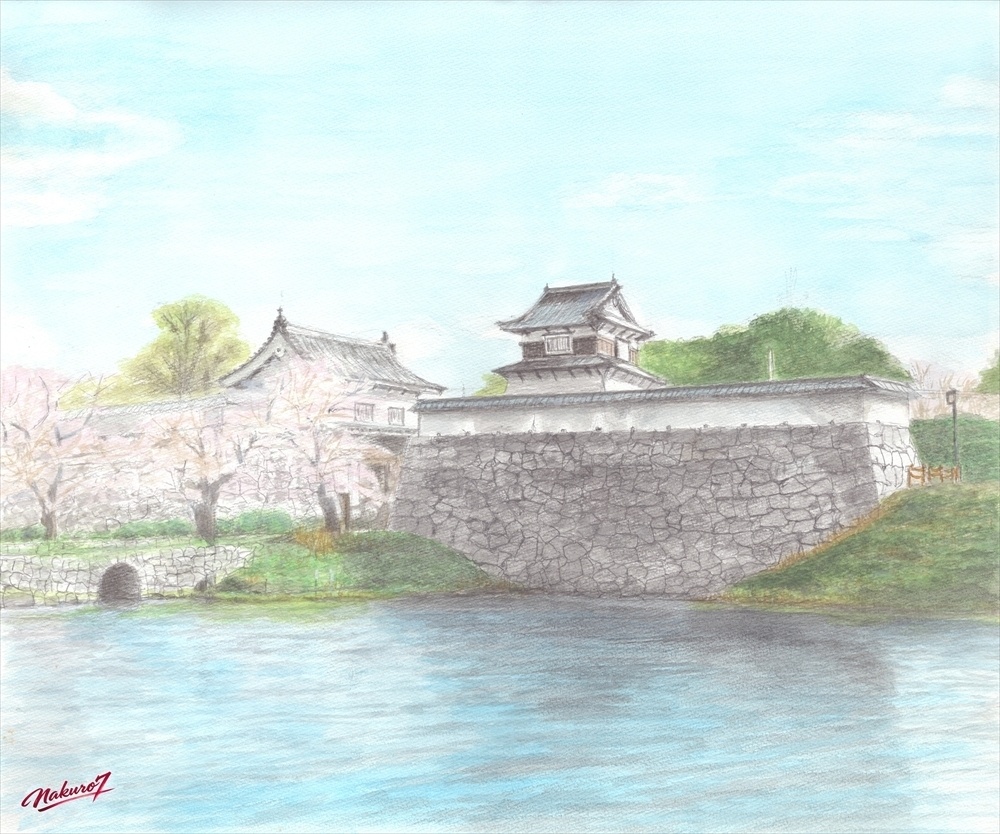 水彩画69作目|福岡城 潮見櫓と桜の見える風景|高解像度JPEGデータ
