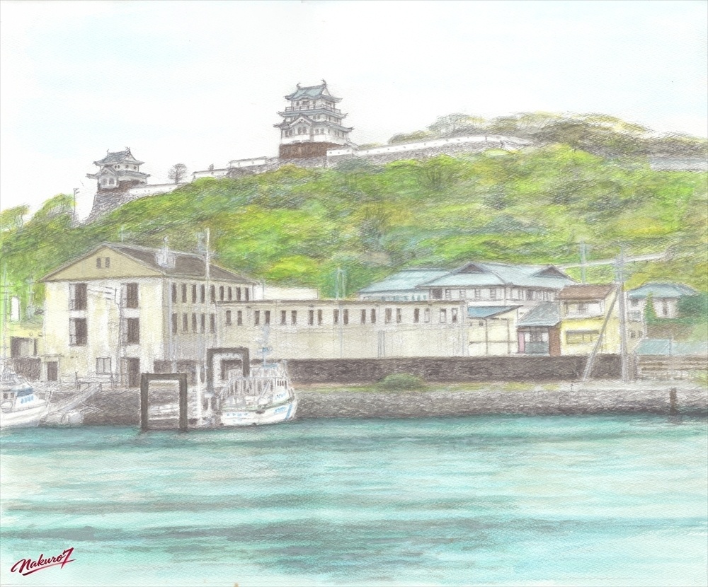 水彩画73作目｜平戸城 船着場から見える風景｜高解像度JPEGデータ