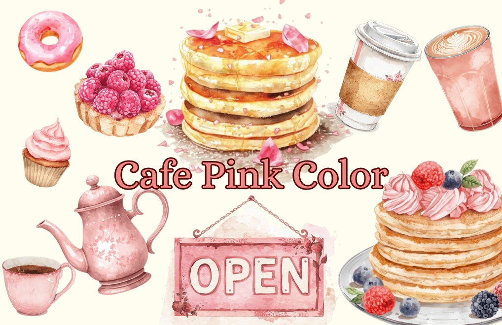 アンティークピンクのカフェ素材10点セット｜水彩画風クリップアート｜PNG