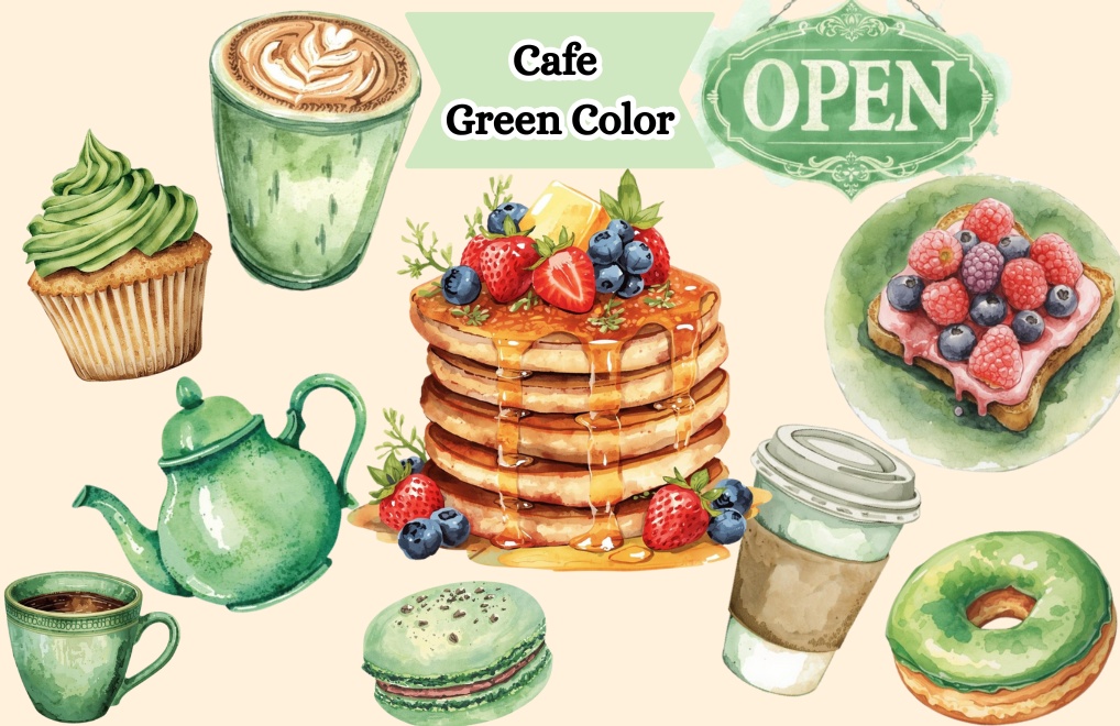 カフェ素材10点セット｜アンティークグリーン｜水彩画風クリップアート｜PNG