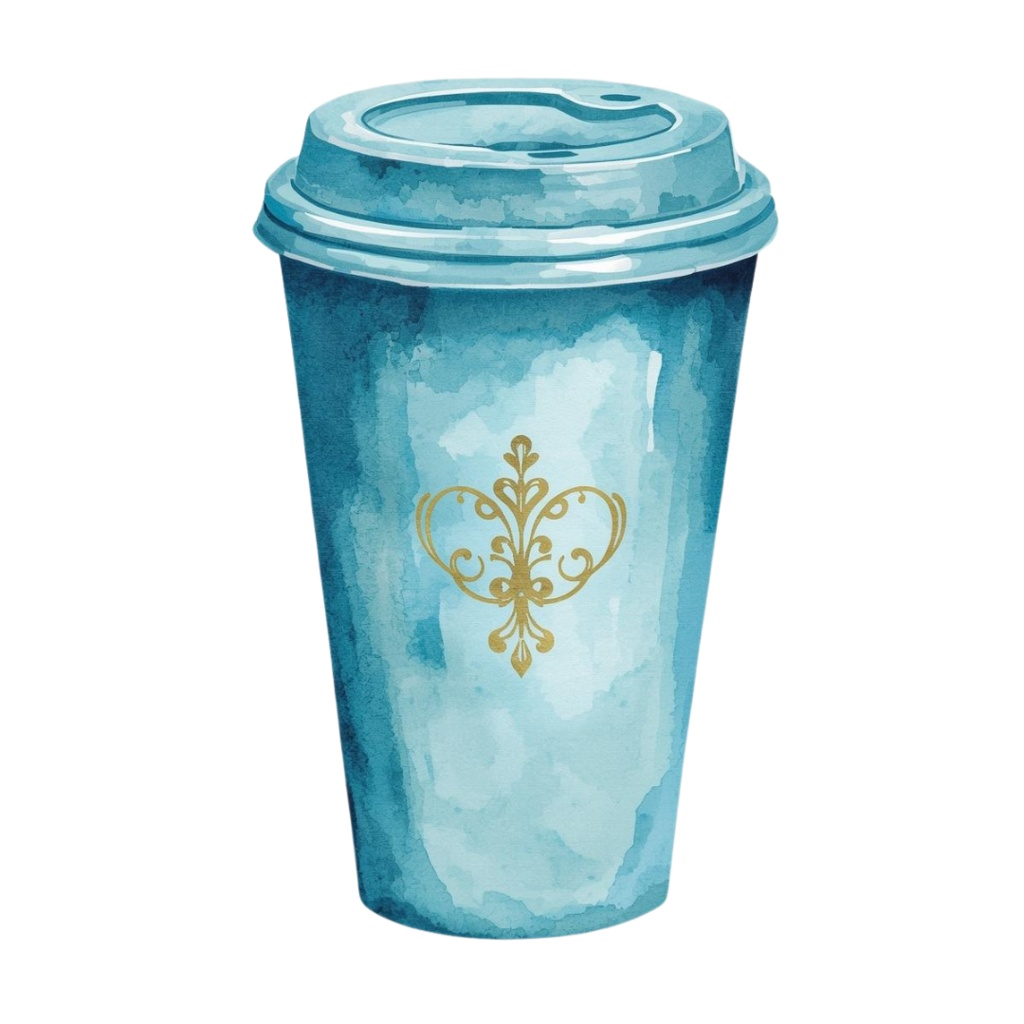 青×金カフェ素材10点セット|水彩画風クリップアート PNG