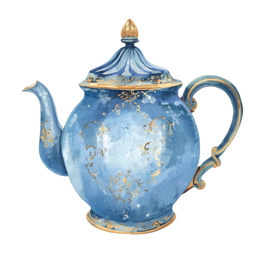 青×金カフェ素材10点セット|水彩画風クリップアート PNG