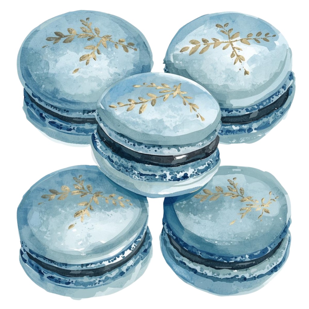 青×金カフェ素材10点セット|水彩画風クリップアート PNG