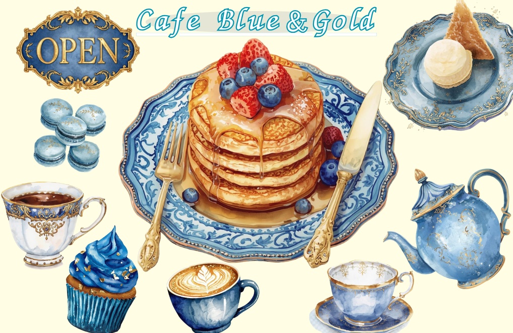 青×金カフェ素材10点セット｜水彩画風クリップアート PNG