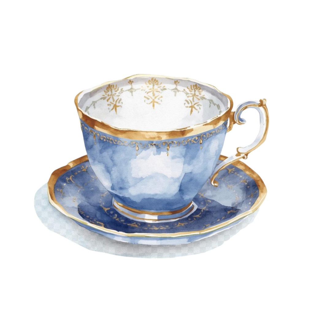 青×金カフェ素材10点セット|水彩画風クリップアート PNG