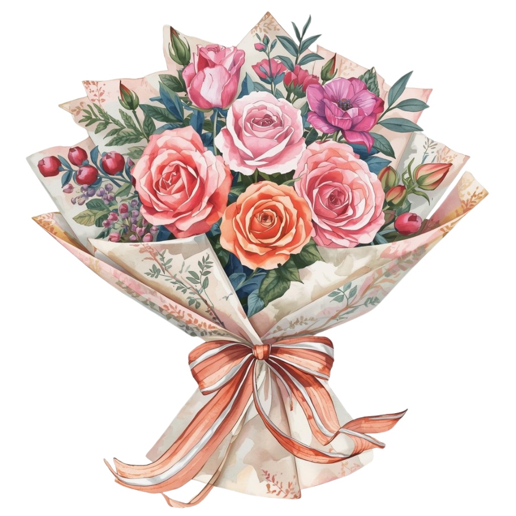 水彩フラワーブーケ15種セット|茎までラッピング済み【花束1】