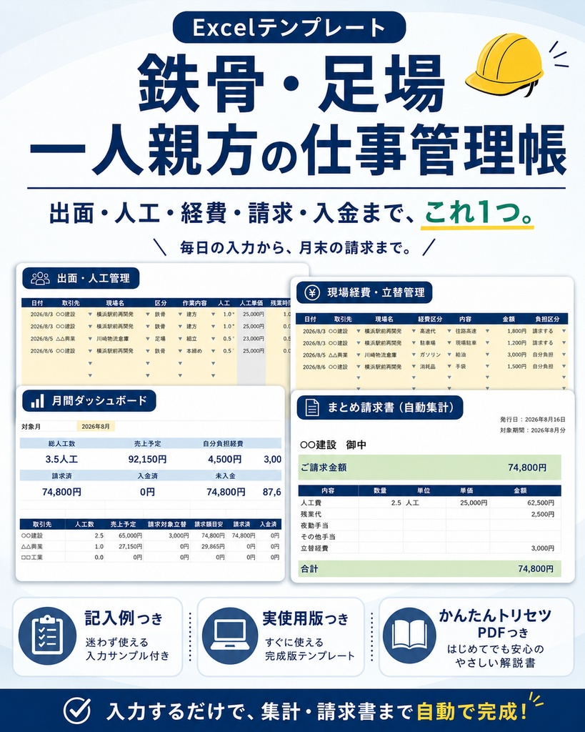 鉄骨・足場 一人親方の仕事管理帳|出面・人工・経費・請求・入金をまとめて管理
