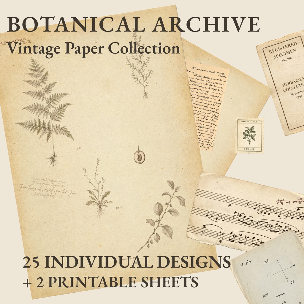 BOTANICAL ARCHIVE｜ヴィンテージ植物図鑑風 デジタルペーパー＆コラージュ素材