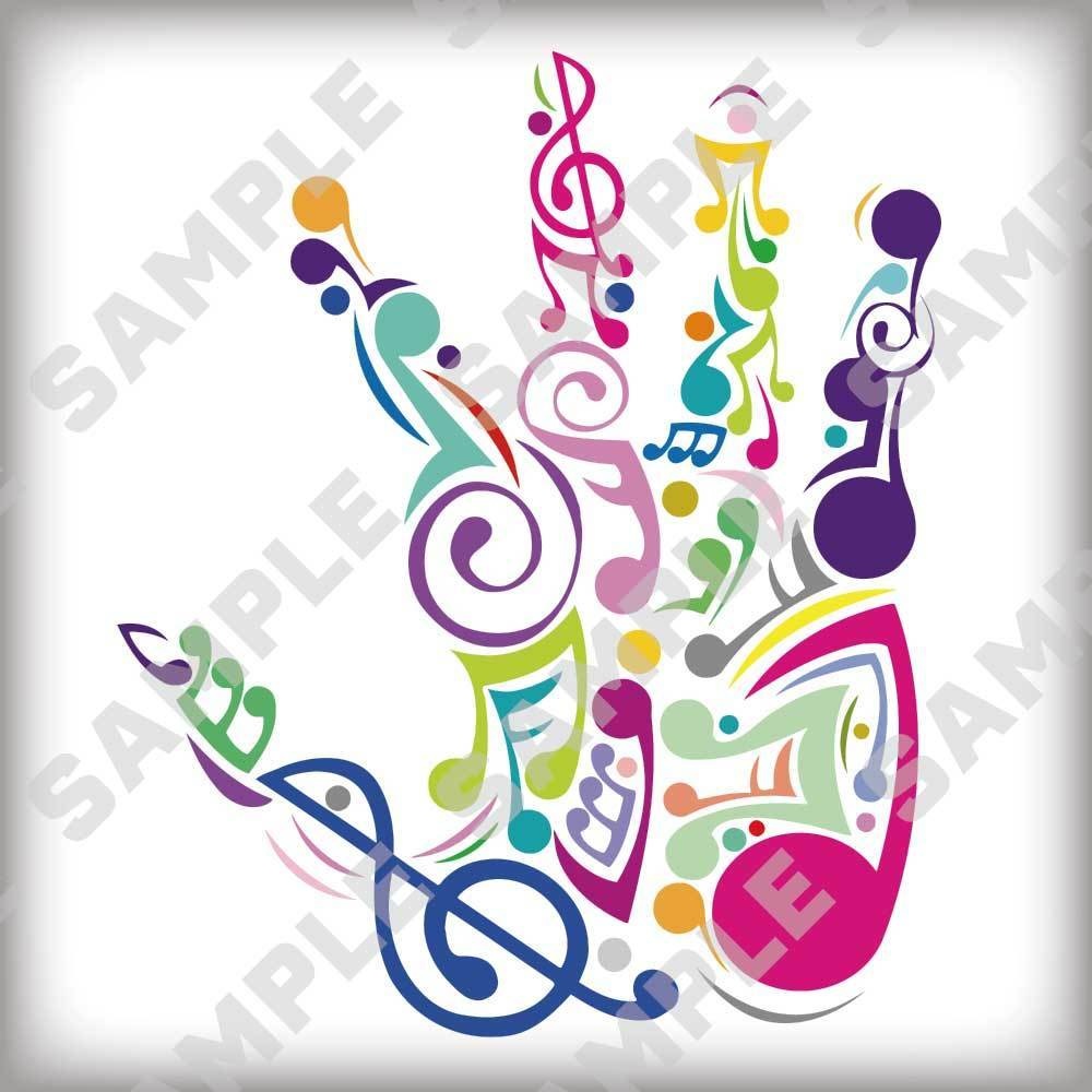 カラフルな音符の手のシンボル/ Colorful music notes background – Symbol of hand