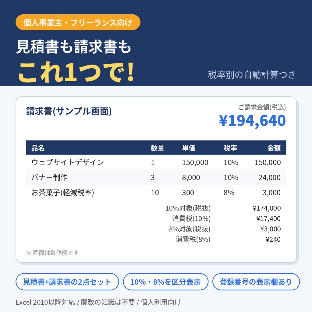 個人事業主・フリーランス向け 見積書・請求書テンプレート(Excel/税率別の自動計算つき)