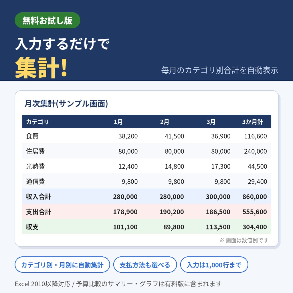 【無料】自動集計つき家計簿(Excel)お試し版