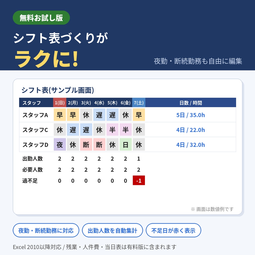 【無料】シフト表テンプレート(Excel/月間・10名)夜勤・断続勤務対応 お試し版