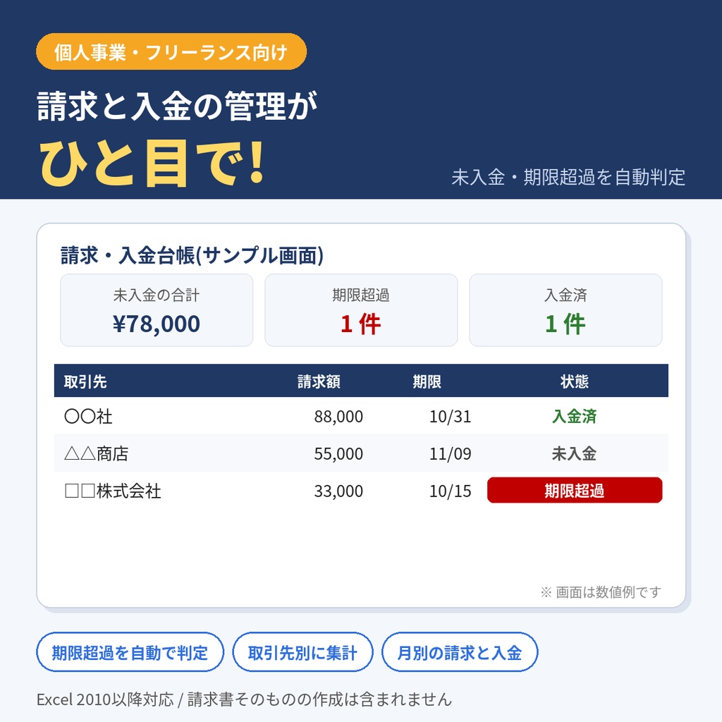 請求書・入金管理台帳(Excel)未入金・期限超過を自動判定 個人事業主向け