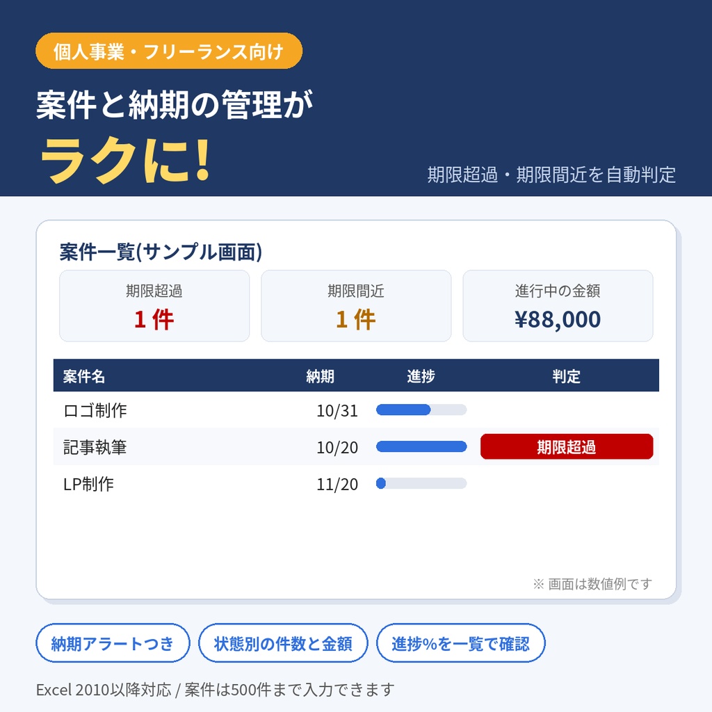 案件・タスク管理表(Excel)納期アラートつき フリーランス・副業向け