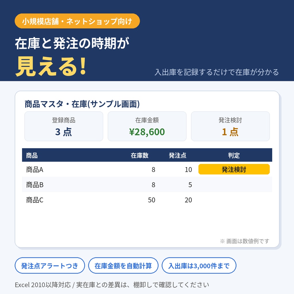 在庫管理表(Excel)入出庫を記録するだけ・発注点アラートつき 小規模店舗向け
