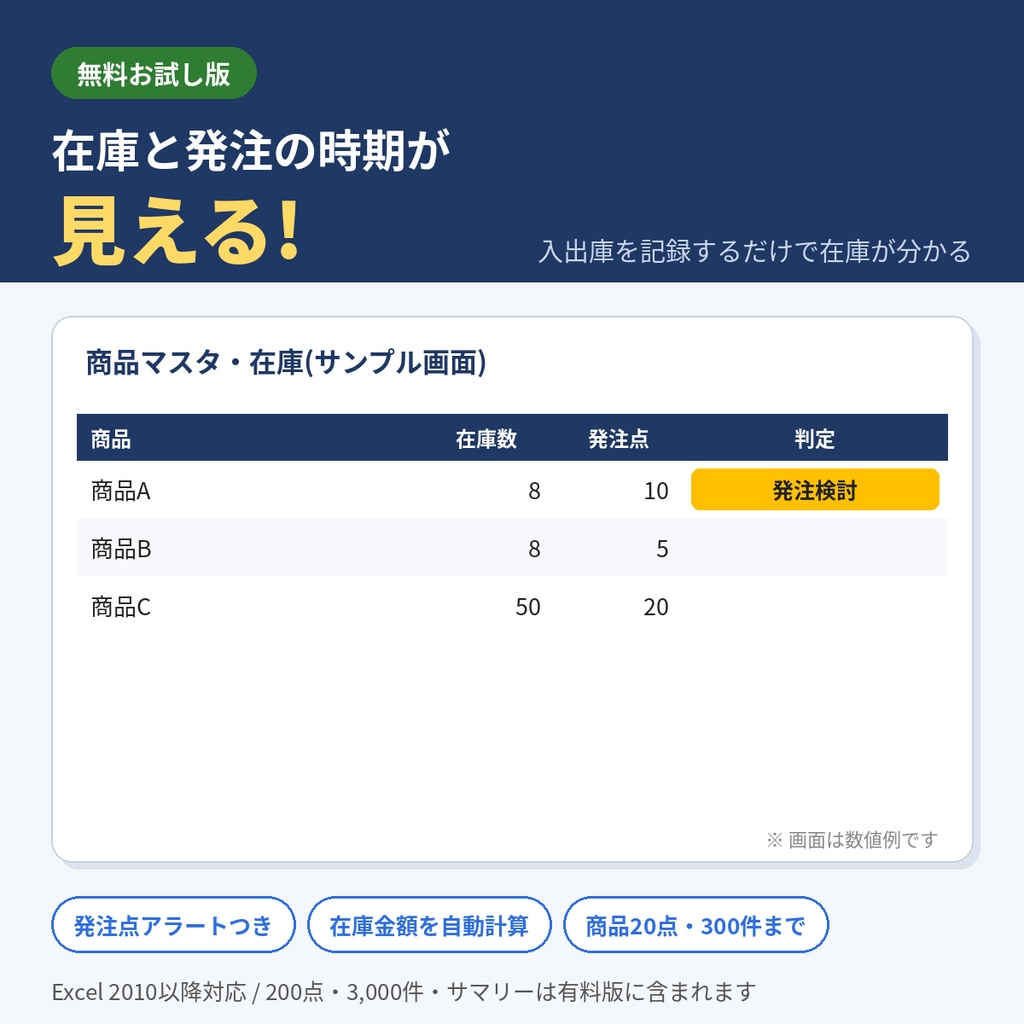 【無料】在庫管理表(Excel)入出庫を記録するだけ・発注点アラートつき お試し版