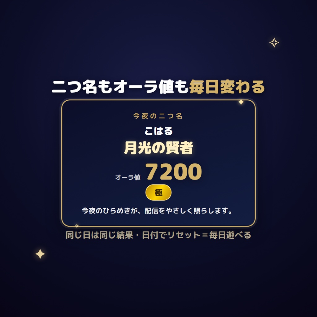 【わんコメ対応】称号メーカー|コメントで「今夜の二つ名+オーラ値」が出るリスナー参加型(YouTube/Twitch/ツイキャス対応・OBS)