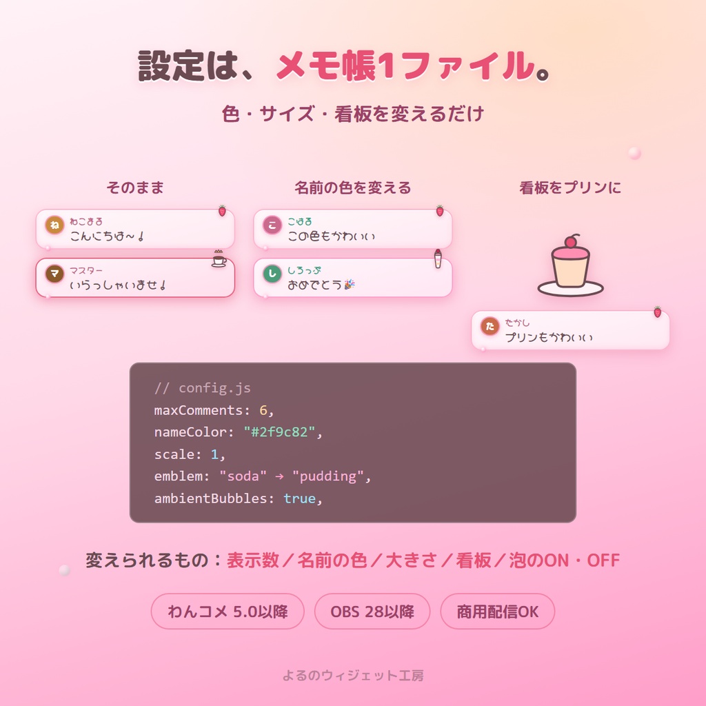 【わんコメ対応】午後3時のショーケース|いちごクリームソーダのコメント表示ウィジェット(OBS・可愛い/レトロ喫茶)