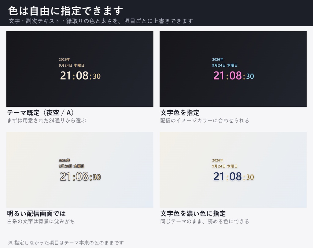 【OBS】デジタル時計ウィジェット【24通り / 色改変可能 / フォント11書体同梱】HTML Digital Clock 配信用 カスタムCSS不要 背景透過