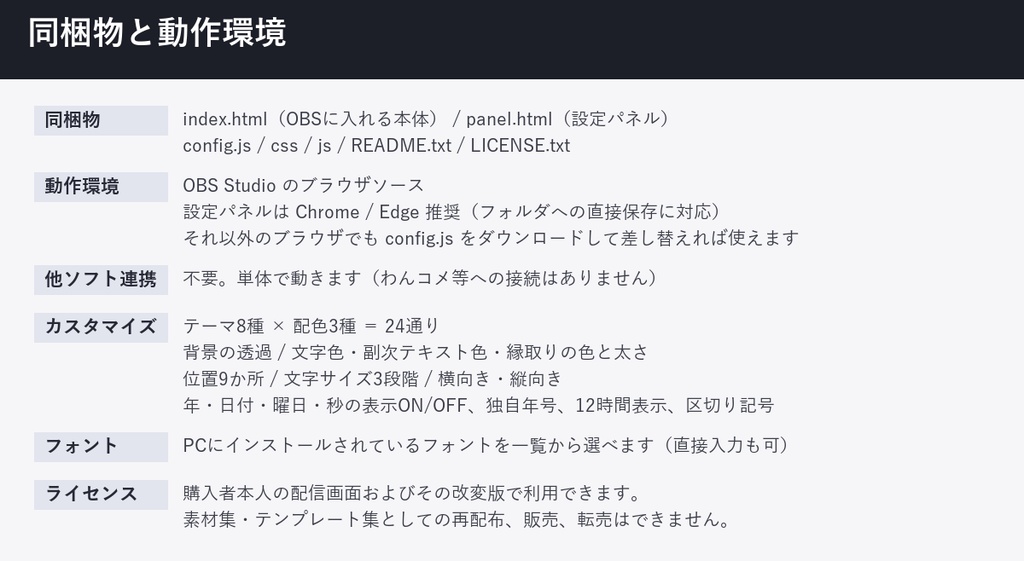 【OBS】デジタル時計ウィジェット【24通り / 色改変可能 / フォント11書体同梱】HTML Digital Clock 配信用 カスタムCSS不要 背景透過