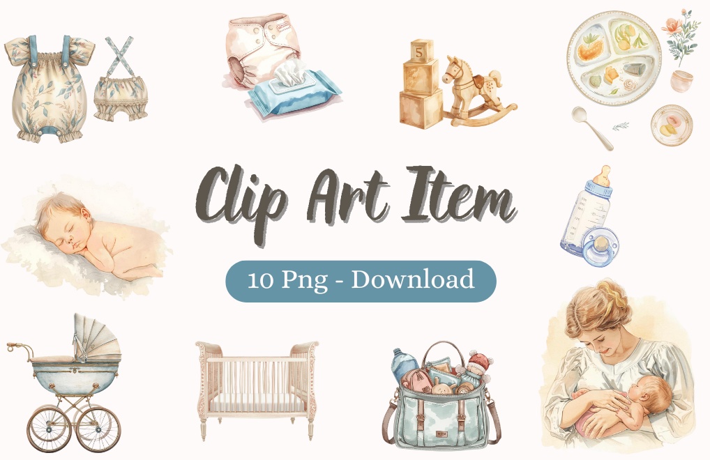 水彩アンティークな育児クリップアートセット|ベビー素材10点|PNG背景透明