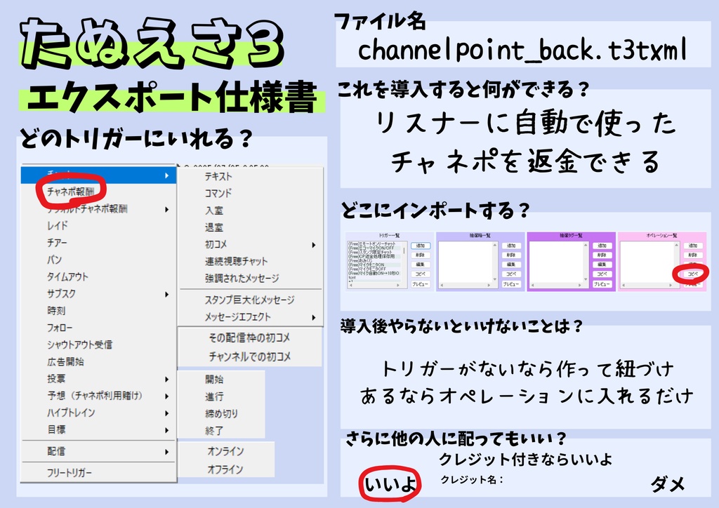 【たぬえさ3エクスポート】Twitchで視聴者にチャネポを自動返金する機能