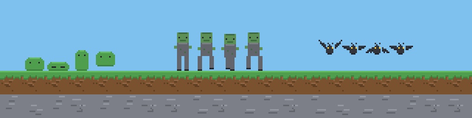 2Dゲーム向け 敵キャラクター スプライト 16x32（3キャラ × 4コマ）