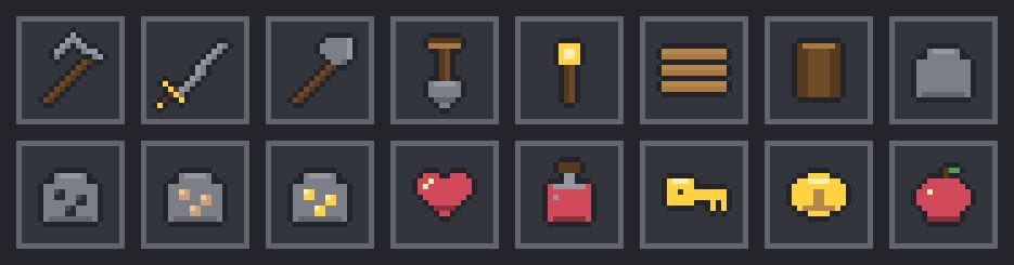 2Dゲーム向け 16x16 アイテムアイコン 16種（輪郭付き）